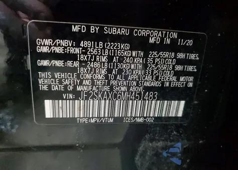 2021 Subaru Forester Touring z USA, uszkodzony, nr VIN JF2SKAXC6MH451483